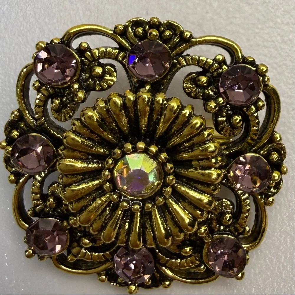 Vintage-Inspired Gold Floral Brooch with Light Purple Crystals NWOT